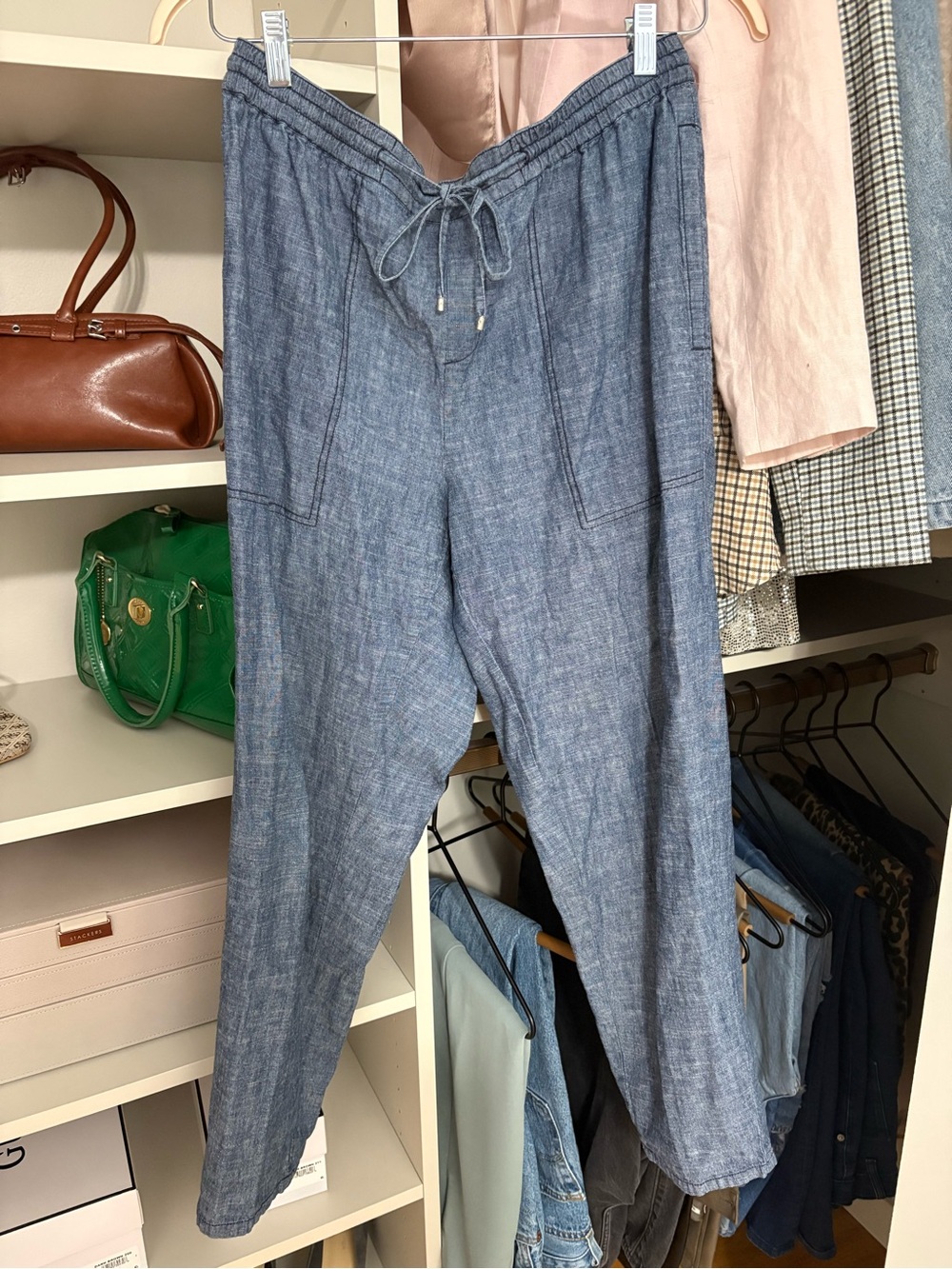 Eileen Fisher Dusty Blue Elastic Waist Linen Blend Pants